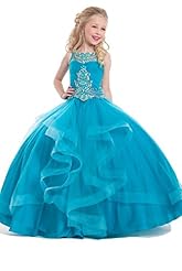 Girls Crystal Tiered  Lace Sequined Crystals Beaded Sheer Pleated Organza Pageant Dress  With Ruffles