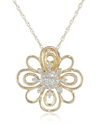 14k Gold Filigree Flower with Diamond Accent Pendant Necklace, 18"