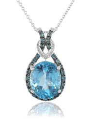 Sterling Silver and Oval Blue Topaz with Blue and White Diamonds Celtic Knot Pendant Necklace 18"