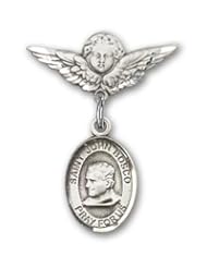 Sterling Silver Baby Badge with St. John Bosco Charm and Angel with Wings Badge Pin