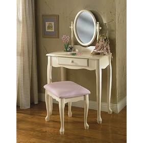 Off White Vanity Table with Mirror and Bench Set Powell Girl's Vanity 929-290 by Bedroom Sets