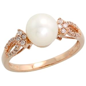 Click here to buy 10k Rose Gold Ladies' Pearl Ring, w 0.12 Carat Brilliant Cut Diamonds and 7.5mm White Pearl by Gabriella Gold.