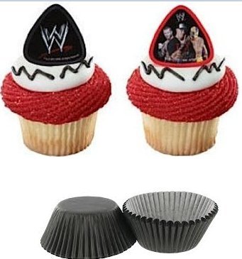 Cakesupplyshop Packaged WWE Wrestling 12ct Cupcake Cake Decoration Rings with 12 Black Baking Cups