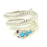 Fabulous Solid Sterling Silver Natural Turquoise & Ruby Detailed Snake Ring - Finger Sizes 5 to 12 Available