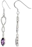 Sterling Silver Celtic Loop Fish Hook Dangle Earrings, w/ Marquise Cut Natural Amethyst Stones, 1 13/16" (47mm) tall