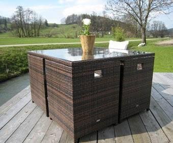 CAROLINA 5-teiliges Set: Tisch mit Glasplatte + 4 Sessel Rattan
