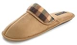 J. Fiallo Mens Suade Scuff House Slipper With Plaid Trim Fabric Design In 3 Classy Colors (S (7 - 8), Camel)