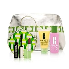 Clinique Travel Set Silver and Lime Green Bag with Square Mini Tote 7 Piece Set