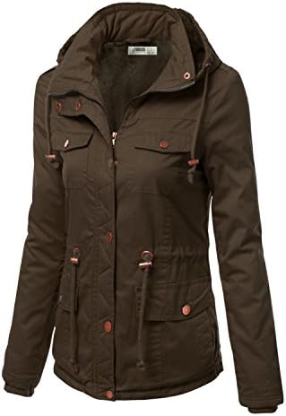 J.TOMSON Women's Military Style Detachable Hood Jacket with pockets and drawstring OLIVE L