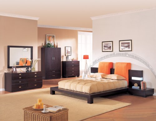 Contemporary Pumpkin Microfiber Headrests Bedroom Set: King Bed, Two Night Stands, Dresser, Mirror, Chest and Wardrobe