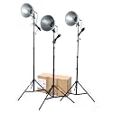 RPS Studio 1500 Watt 3 Light Photo Flood Kit with 3 500-Watt, 10" Aluminum Reflectors with Ceramic Sockets & 3 Black Light Stands & Travel Box.