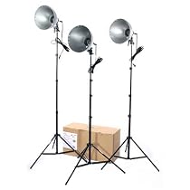 RPS Studio 1500 Watt 3 Light Photo Flood Kit with 3 500-Watt, 10" Aluminum Reflectors with Ceramic Sockets & 3 Black Light Stands & Travel Box.