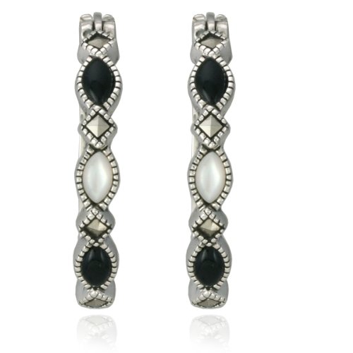 Sterling Silver Marcasite, Mother-of-Pearl and Onyx Hoop Earrings
