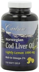 Carlson labs Norwegian Cod Liver Oil Lightly Lemon Gems Rich in Omega-3's 1000mg,150 soft gel