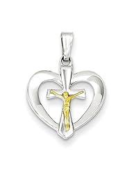 Sterling Silver Polished Heart With Vermeil Crucifix Pendant, Best Quality Free Gift Box Satisfaction Guaranteed