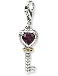 Sterling Silver W/14k Rhodilite Garnet Antiqued Key W/Lobster Clasp Charm