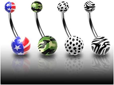 {Camouflage} Stainless Steel Belly Button Rings with Printed Balls - 14GA 7/16" Long - Camouflage