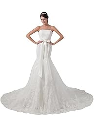 Strapless Tulle Mermaid Natural   Waistline Lace Floor Length  Dress with a Chapel Train 