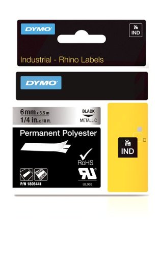 DYMO Rhino Permanent Adhesive Polyester Label Tape, 1/4-inch, 18-foot Cassette, Metallic (1805441)