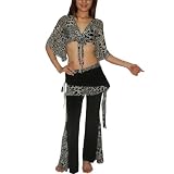 2 PIECE SET: Ladies Sexy Exotic Belly Dance Sheer Cropped Top & Skirt Pant Costume Set - Black & White - Size: one size