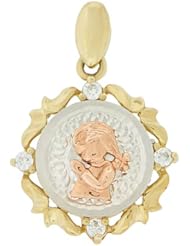 14k Tricolor Gold, Girl Lady Praying Pendant Charm with Lab Created Gems 18mm Wide