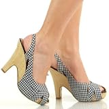 Women's Shoes 4.5 Inch Natural Raffia Wedge. Peep-Toe With Sling Back In Gingham