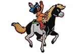 Produkt-Bild: Yakari 7,7 cm * 7,5 cm B&Uuml;GELBILD AUFN&Auml;HER APPLIKATION Pferd kleiner Donner Pony schwarz wei&szlig; Freund Indianer Cowboy Junge Indianderjunge Sioux Pr&auml;rie Kinder Kind Figur Figuren Western Feder im Haar Patch