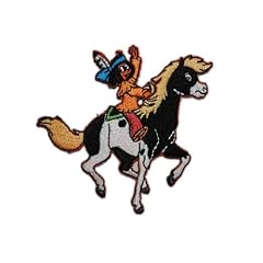 Yakari 7,7 cm * 7,5 cm B�GELBILD AUFN�HER APPLIKATION Pferd kleiner Donner Pony schwarz wei� Freund Indianer Cowboy Junge Indianderjunge Sioux Pr�rie Kinder Kind Figur Figuren Western Feder im Haar Patch