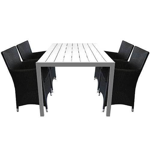 5tlg. Gartengarnitur Alu/Non Wood Tisch 150×90cm + Rattansessel in Schwarz