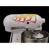 Classic 33 Single Large Flame Decal Cover Kit red, orange, and yellow with blue trim, designed to fit all KitchenAid stand mixers, including Artisan, Ultra Power, 4, 5, 6 qt quart mixers, without accessory interference.