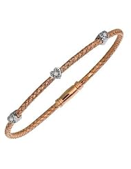 Sterling Silver Basketweave with Diamond Accents Heart Rose Pink Overlay Bangle Bracelet 7 1/4" 0.03ct