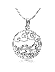 Chuvora 925 Sterling Silver Filigree Lovebirds on Tree Branch Round Circle Charm Pendant Necklace 18