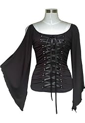 Gothic Rockabilly black Lace up Corset Top w/ Fairy Sleeves 14/L