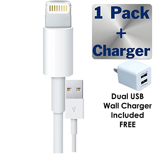 Beam Electronics 8-Pin Lightning Connector to USB Charging Cable for iPhone 6, 6 Plus, 5, 5S, 5C, iPad Mini, iPad Air, iPod Nano and iPod Touch with Dual USB wall charger