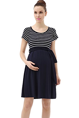 Momo Maternity Scoop Neck Striped Belted Tie Dress