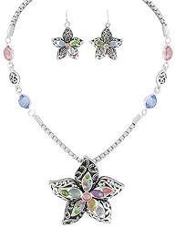 Multi Colored Crystal Flower Necklace and Earrings Set Fashion Jewelry