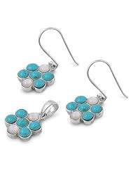 Sterling Silver Turquoise Fancy Seven Stone Pearl Earring & Necklace Set