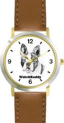 Boston Terrier (SC) Dog - WATCHBUDDY® CLASSIC DELUXE TWO-TONE THEME WATCH - Arabic Numbers-Brown Leather Strap-Size-Large ( Men's Size or Jumbo Women's Size )