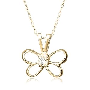 14k Yellow Gold Diamond Butterfly Pendant (.015 cttw, J Color, I2 Clarity), 18"