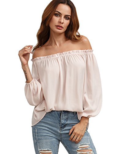 SheIn Women's Off The Shoulder Long Sleeve loose Top Blouse - Pink Small
