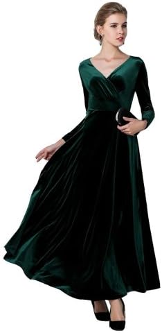 Izaac Elegant Gold Velvet Ruffle Long Sleeve Evening Party Ball Gown Long Maxi Dress (US 8/ Asia XL, green)