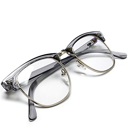 Sunglass Spot-Retro Half Frame Simi-Rimless Crystal Grey Browline Silver Wire Trim Clear Lens Sophisticated Wayfarer Glasses/Sunglasses