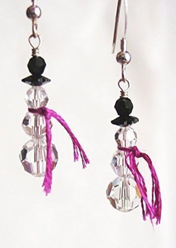 Snowman Crystal Earrings in Sterling Silver with Swarovski Crystals and Pink Embroidery Floss Scarf
