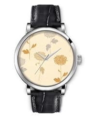 SPRAWL Aanalog Fashion Series Silver Ladies Watches of Genuine Black Leather Strap,Unique Wrist Watch for Women Girls Designed with Chrysanthemum flowers on beige background