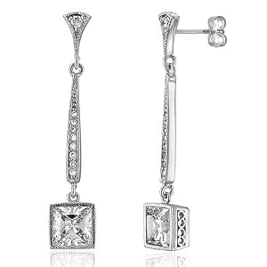 Sterling Silver Earrings Princess Cubic Zirconia CZ Dangle Drop Earrings - Ideal Gift For Mother Day, Anniversary, Engagement, Wedding, Birthday, For Her