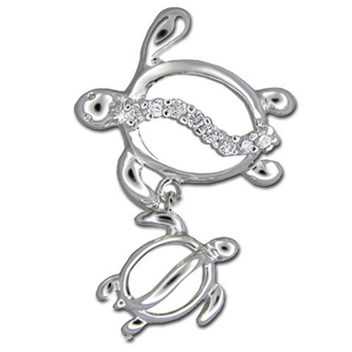Sterling Silver Hawaiian Jewelry Honu and Baby Clear CZ Pendant