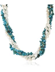 Large Turquoise Chip and White Baroque Freshwater Cultured Pearl Twister Gold Tone Clasp Necklace Set, 36"