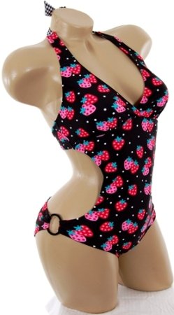 Sexy Cute Black Bathing Suit Red Pink Strawberry Print Cut Out Side Monokini One 1 Piece Swimsuit