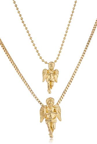 Gold Tone Iced Out Micro Cherub Angel Pendant Layered 24-30 Inch Box & Beaded Chain Necklace Set