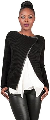 Women's Cotton Cable Knit Sweater Jacket Wrap Front Placket Vegan Leather Trim